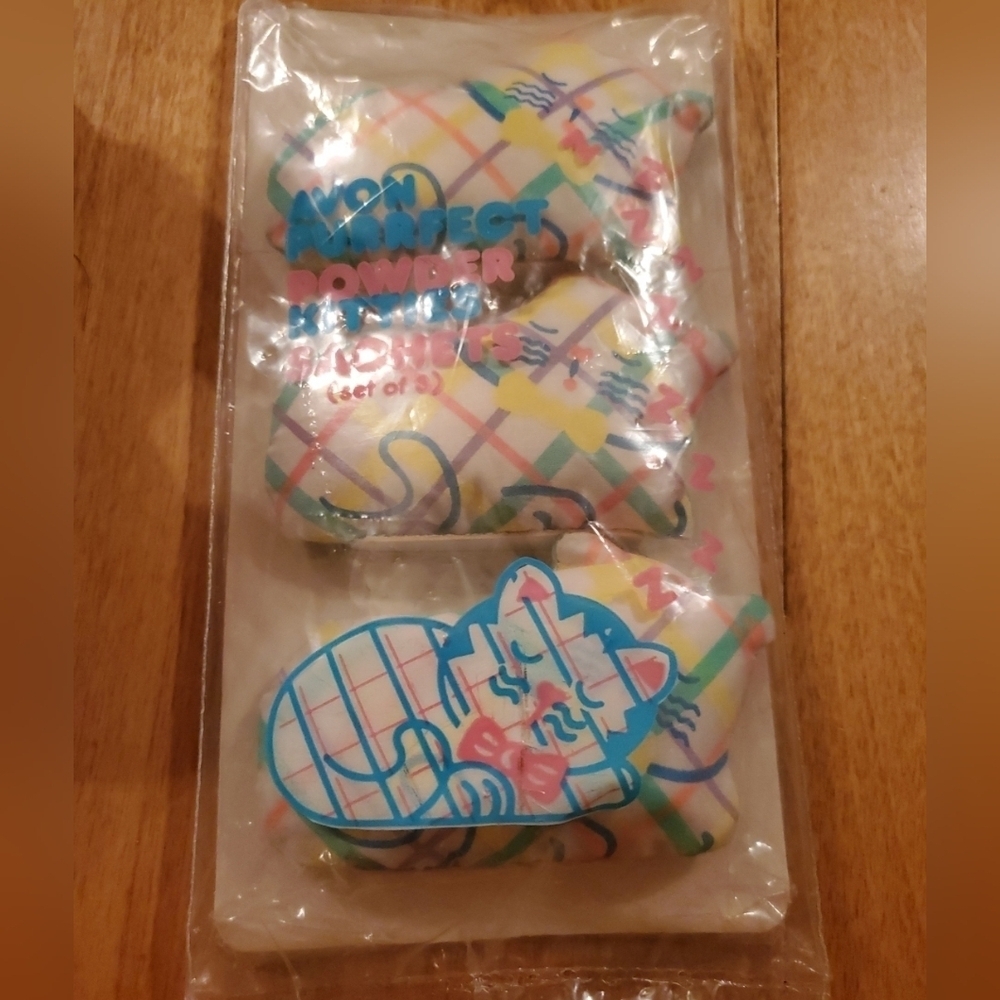 Vintage 1992 Avon Purrfect Powder Kitties Sachets Set of 3 Pastel Plaid